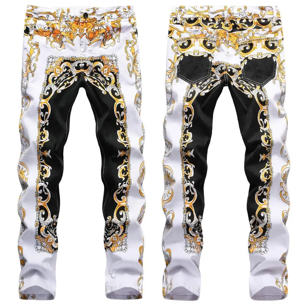 Mens Fashion Pants Slim Fit Color Printed Pencil Pants Slim-Fit Sexy Print Elastic Denim Jeans Hip Hop Men Casual Long Pants