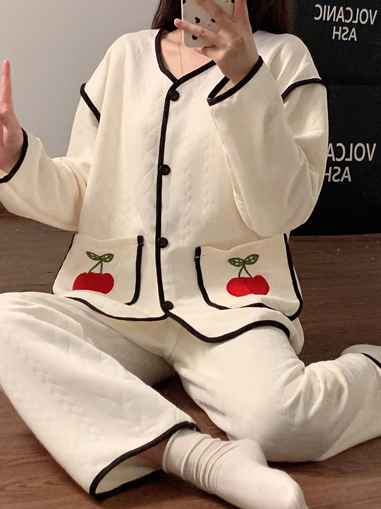 Air Cotton Sandwich Pajamas Women Autumn and Winter Casual High Sense Long sleeve Thickened 2024 New Set Homewear