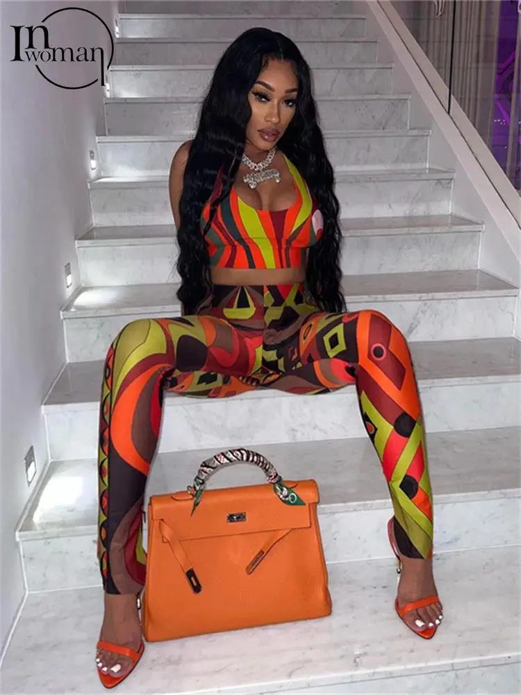 

Inwoman Autumn Sexy Print 2 Two Piece Sets Club Outfit For Women 2022 Camis Crop Top And Pants Sets Female Casual Matching Sets