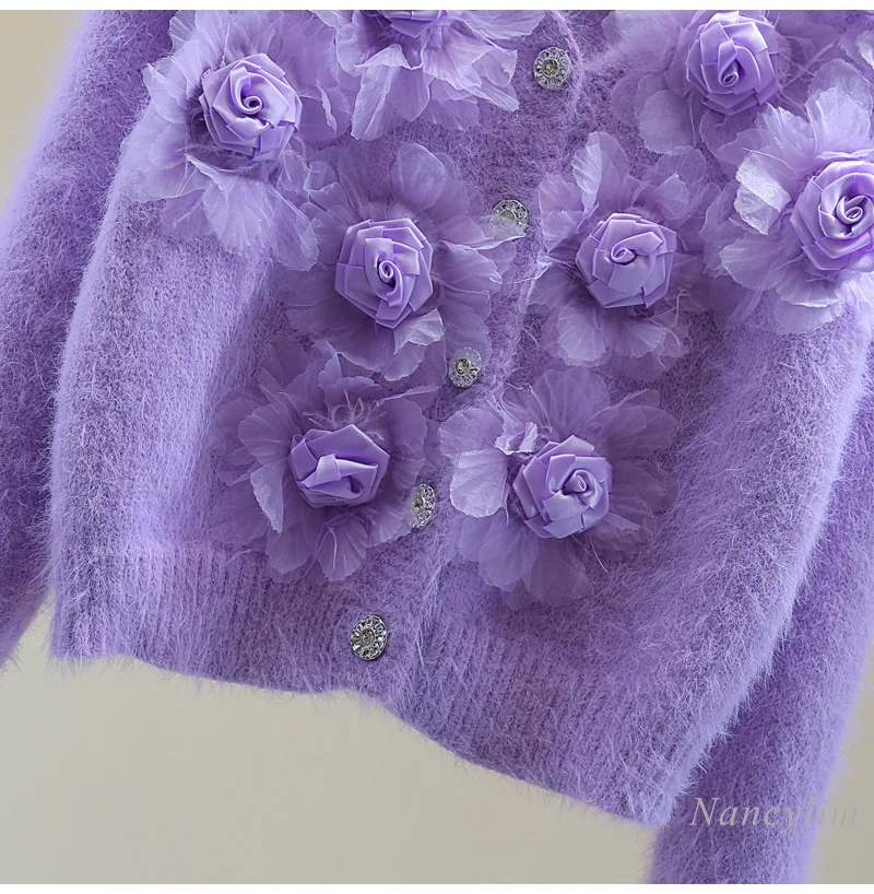 Фиолетовый кардиган для женщин вязаный из мохера с v-образным вырезом и цветочным