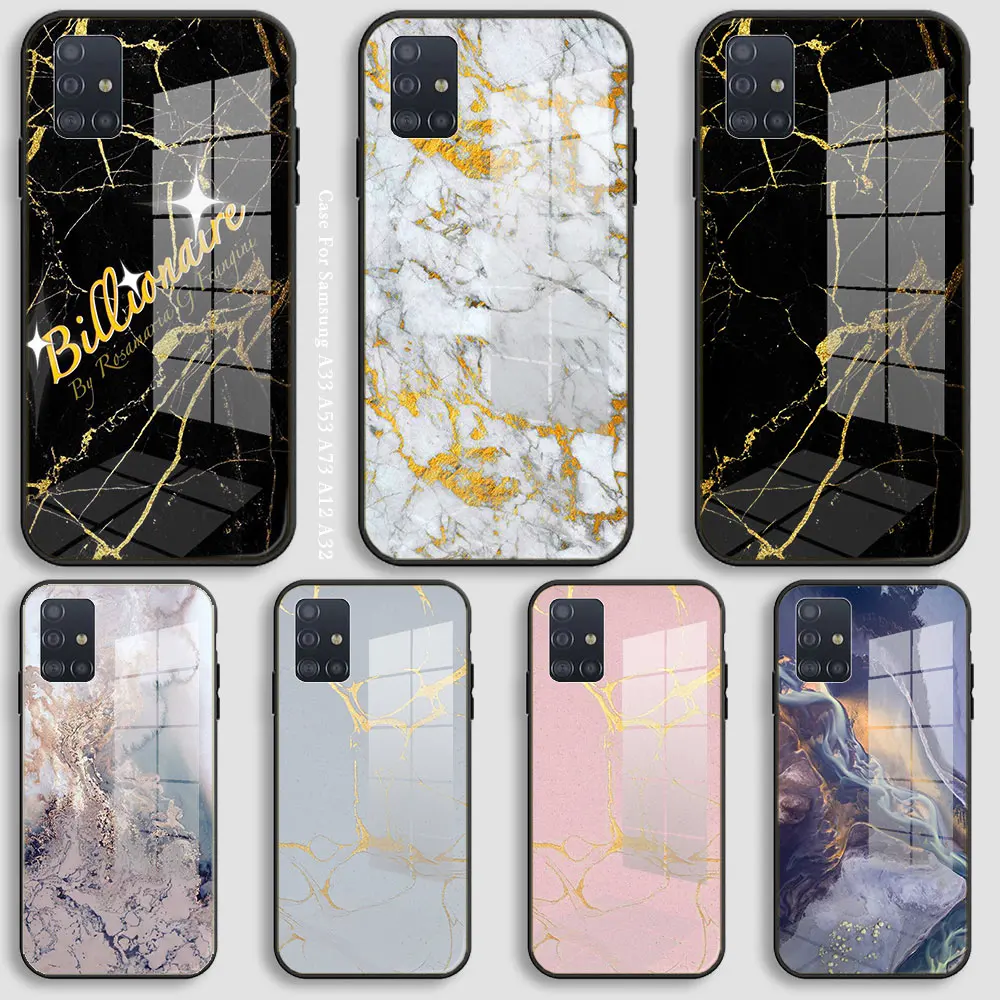 Glass Case For Samsung A10 A12 A13 A14 A20 A30 A31 A32 A33 A34 A51 A52 A53 A54 A70 A71 A72 A73 5G Luxury Gold Foil Bling Marble