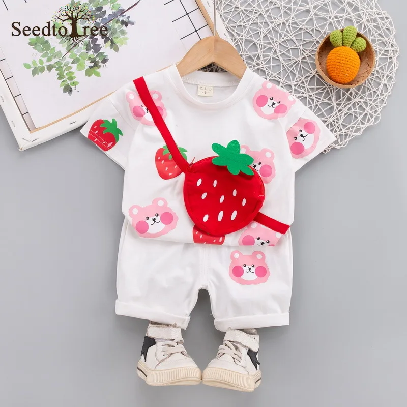 2022 Summer Casual Children's Sets Strawberry Printed Round Neck Short Sleeve T-Shirt Elastic Waist Shorts Two Piece Suit