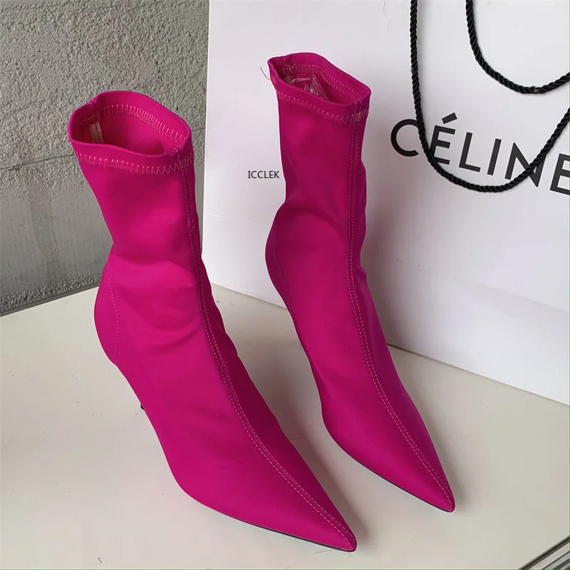 

2023 New Spring Autumn Stretch Fabric Women Ankle Boots Sexy Pointed Toe High Heels Fashion Female Socks Pumps Shoes
