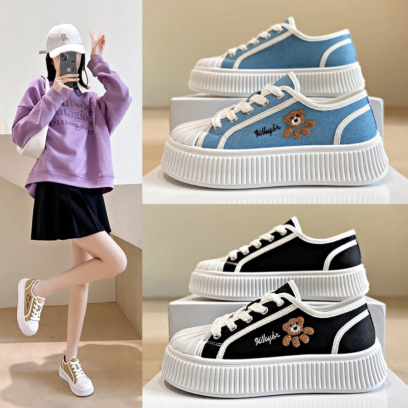 2023new Spring/Summer Women's Leisure Thick Sole Canvas Outdoor Sports Shoes Platform Leisure Shoes Round Head Tennis Women