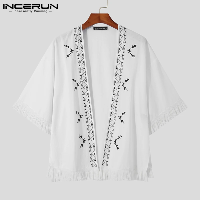 

INCERUN 2022 Men Shirt Half Sleeve Tassel Embroidered Open Stitch Loose Casual Kimono Tops Streetwear Vintage Leisure Cardigan