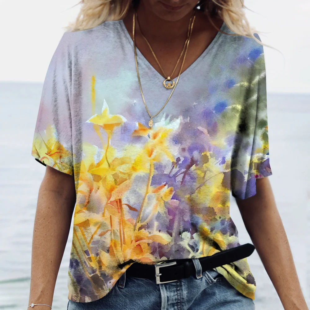 Summer Women's Short Sleeve V-Neck T-shirt Art Flower Print  T Shirt For Women Fashion Element Top Tees