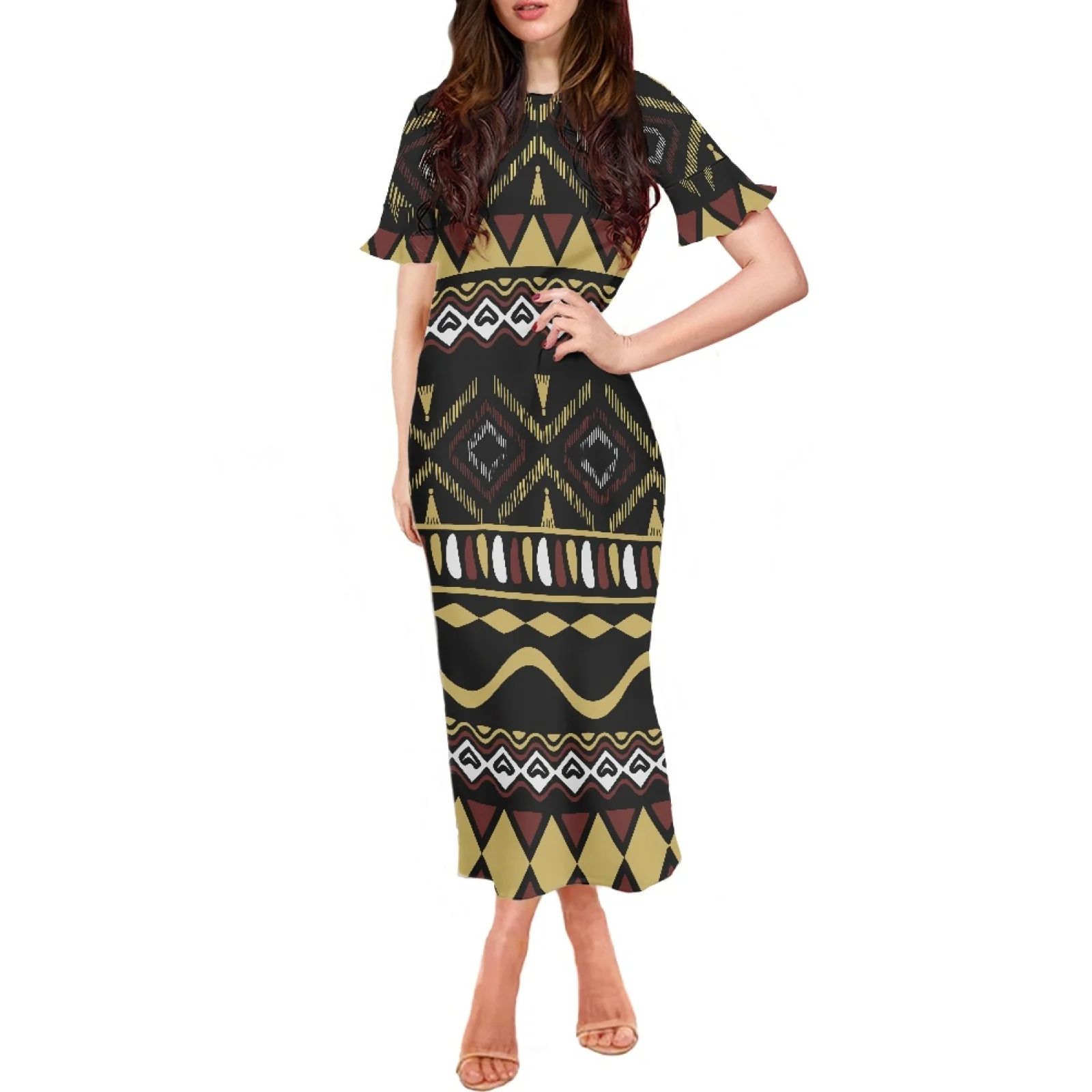 

Samoa Polynesian Indian Tribe Chic And Elegant Clothing Woman Summer Fashion Party Short Ruffle Sleeve O-Neck Sexy Long Dress