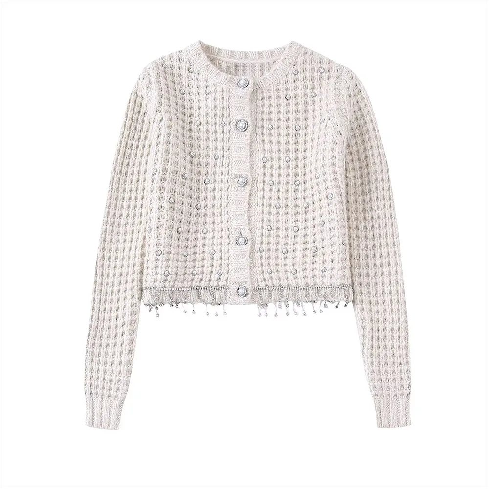 

2022 autumn/winter new women's wear chic round collar fashion beaded casual and versatile knit jacket