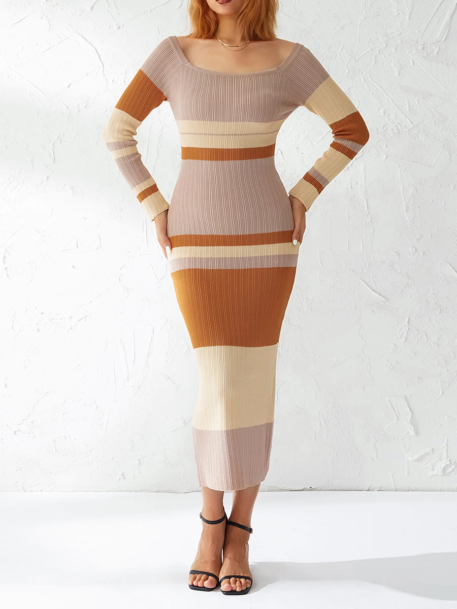 

Женское темпераментное вязаное длинное платье на осень и зиму, женское облегающее платье контрастных цветов в полоску с открытыми плечами и длинным рукавом