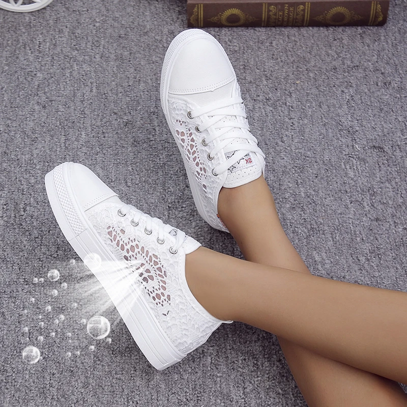 

Women Shoes 2022 Fashion Summer Casual White Shoes Cutouts Lace Canvas Hollow Breathable Platform Flat Shoes Woman Sneakers