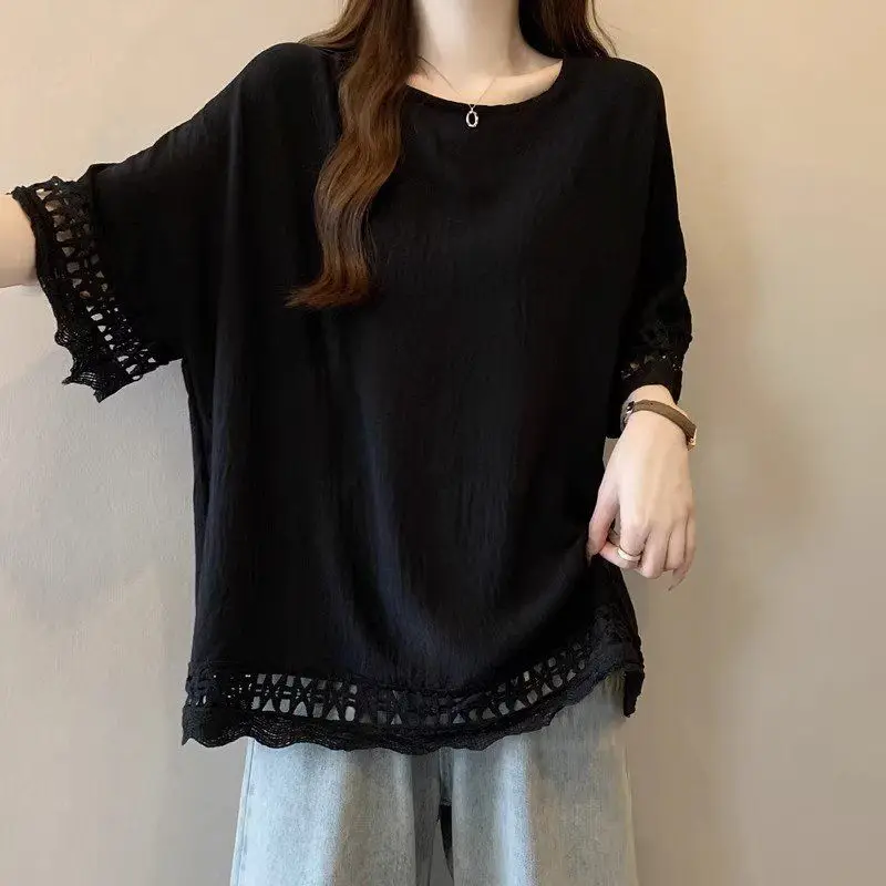 Женская Кружевная футболка с круглым вырезом свободная универсальная тонкая