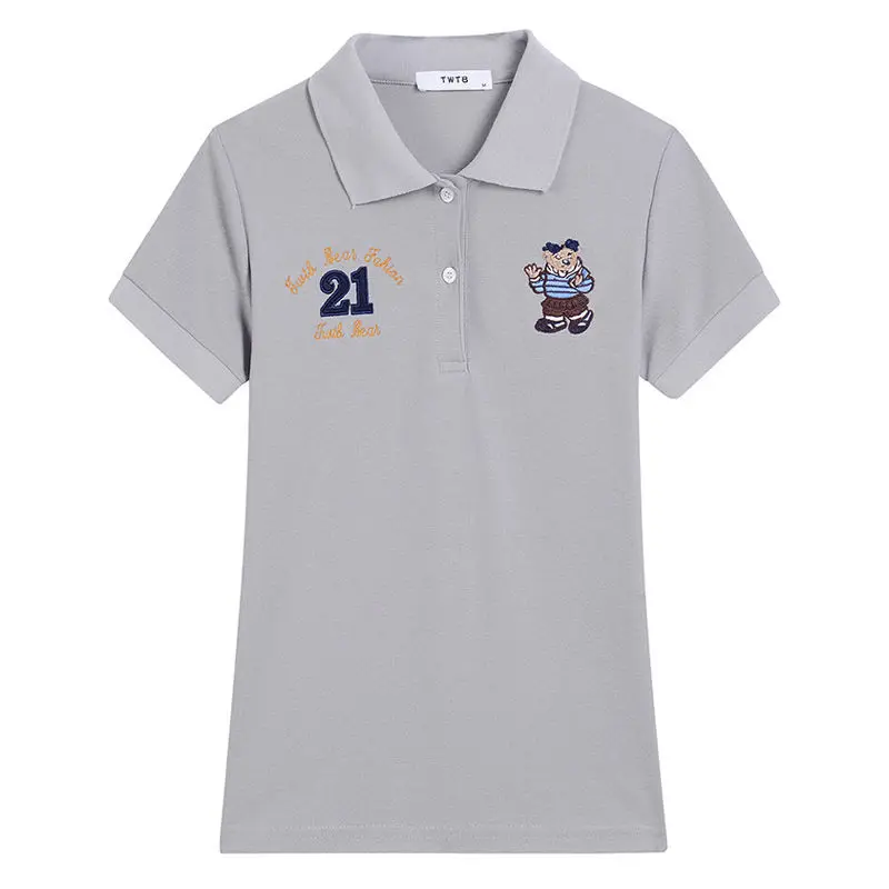 

Summer Women's Short Sleeve New Embroidered Bear Polo Shirts Cotton Casual Solid Colour Lady Tees Fashion Femme Top Ventilatio