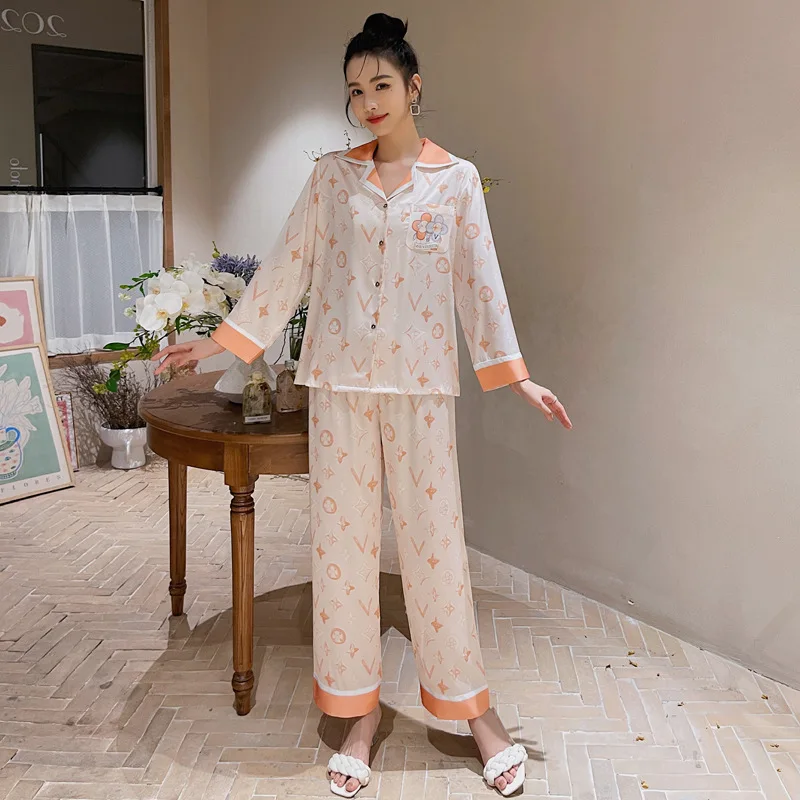 Ice Silk Pajamas for Women 2023 Spring and Autumn New Long-Sleeved Trousers Printed Cardigan Casual Outdoor Homewear