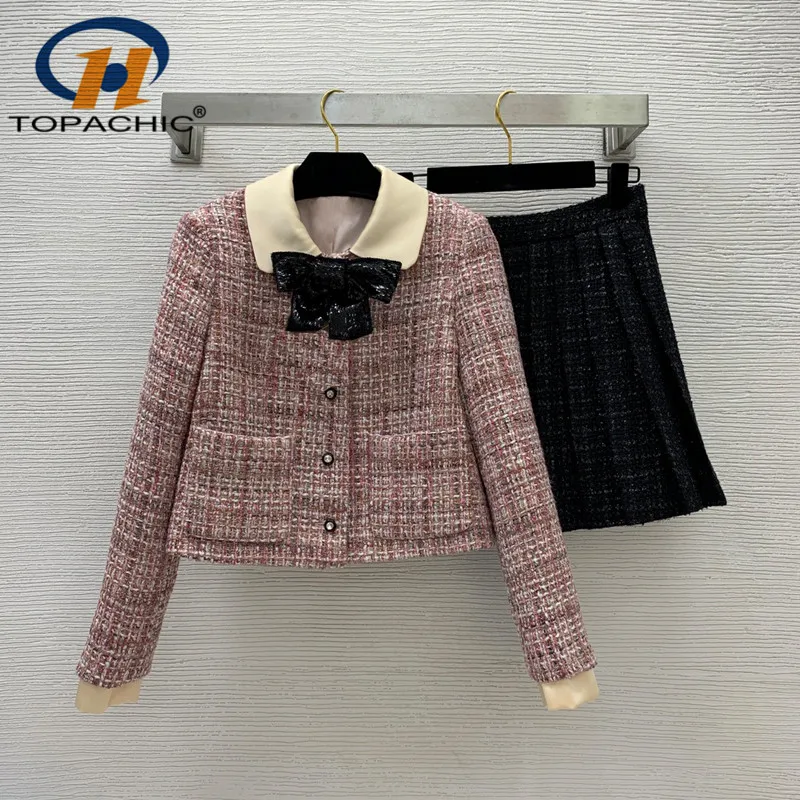 

11.1 High End Temperament Sweet Tweed Set Patchwork Color Doll Collar Bow Short Jacket + High Waist Pleated Skirt Women
