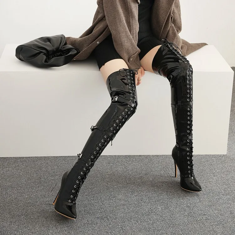 Women's boots PU high heels over the knee new autumn winter fashion 12CM thigh high boots sexy women's shoes gothic laces boots