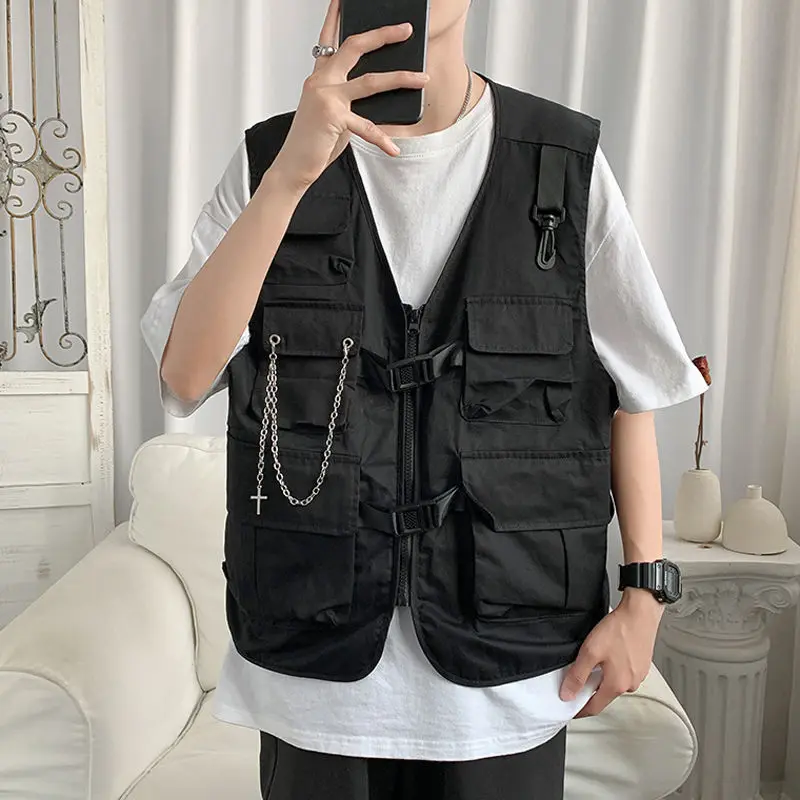 

Casual Fashion Men Vest Streetwear Punk Cargo Vest Mult Practical Pockets Men Jackets Sleeveless Techwear 4 Seasons Men Clothing