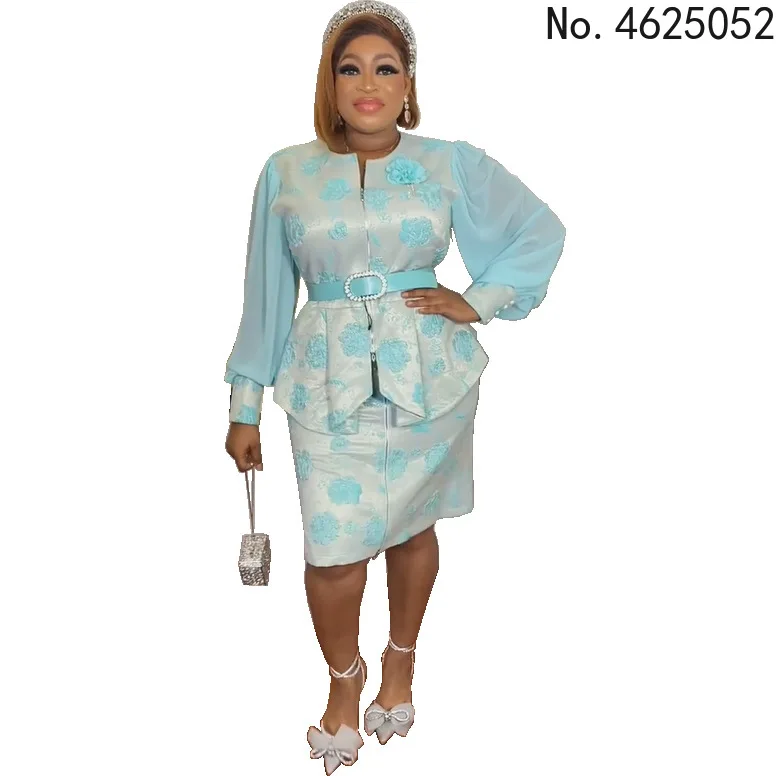 

African Clothes Women Summer Fashion African Women Long Sleeve O-neck Printing Two Pieces Sets Top and Skirts African Suit