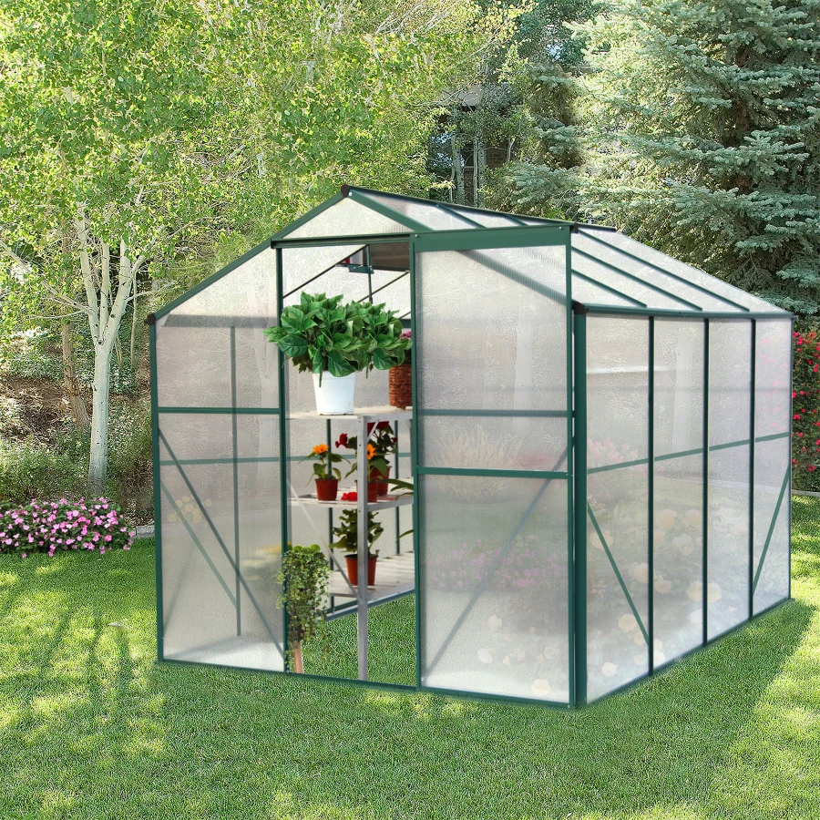 

Outdoor Green House Polycarbonate Walk-in Garden Greenhouse with Adjustable Roof Vent and Rain Gutter 6 x 6 x 6.8 FT