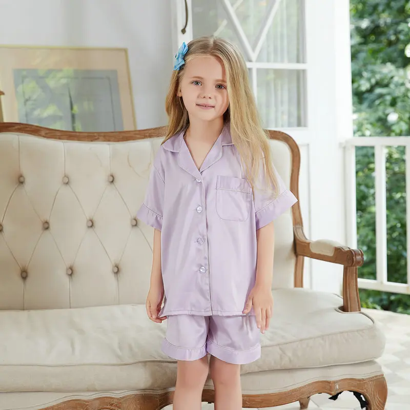 Children Colorful Summer Short Pajama Set Wholesale Baby Girls Silk Pajama Set 2pcs Short Sleeve With Shorts Summer Sleepwear