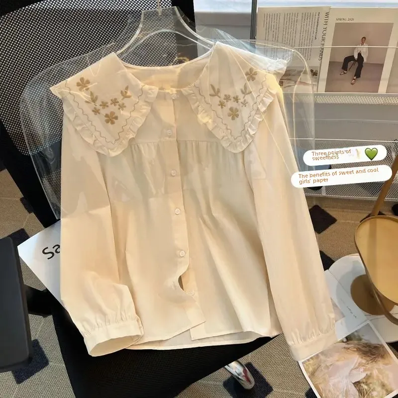 Ранняя весна в японском стиле рубашка с длинными рукавами и кружевной вышивкой