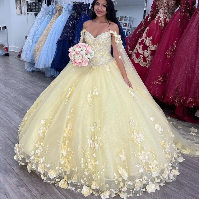 Sparkly Blush 3D Flowers Ball Gown Quinceanera Prom Dresses with Cape Wrap Caftan Beaded Lace Long Sweet 16 Dress Vestidos
