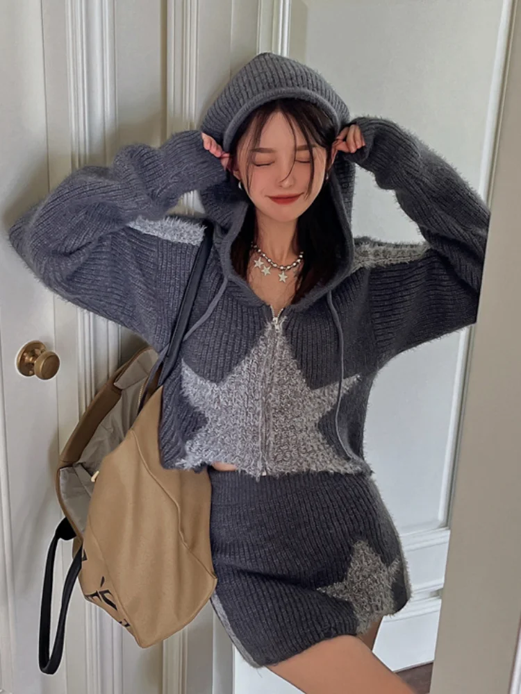 Женский винтажный укороченный свитер Y2K кардиган на молнии осенняя куртка с