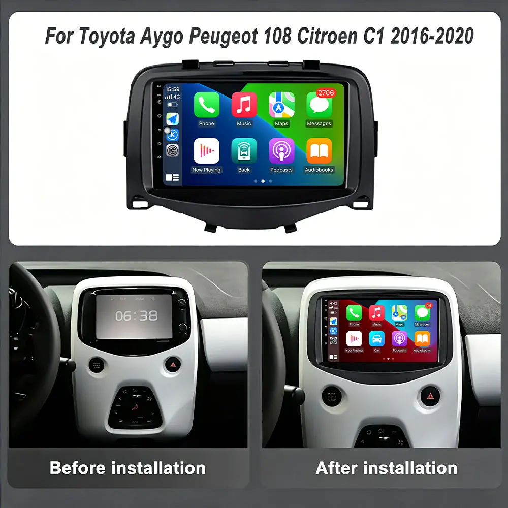 Фото 7-дюймовый мультимедийный видеоплеер с GPS-навигацией, CarPlay, Bluetooth, Wi-Fi и DSP для Toyota Aygo, Peugeot 108, Citroen C1 2016-2020 годов выпуска №2