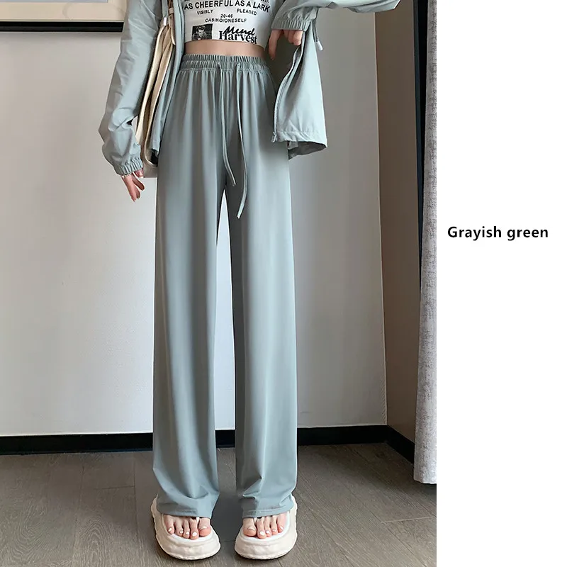 Casual Thin Sunscreen Ice Silk High Waisted Wide Leg Pants For Women'S Summer New Show High Drape And Drag Straight Trousers