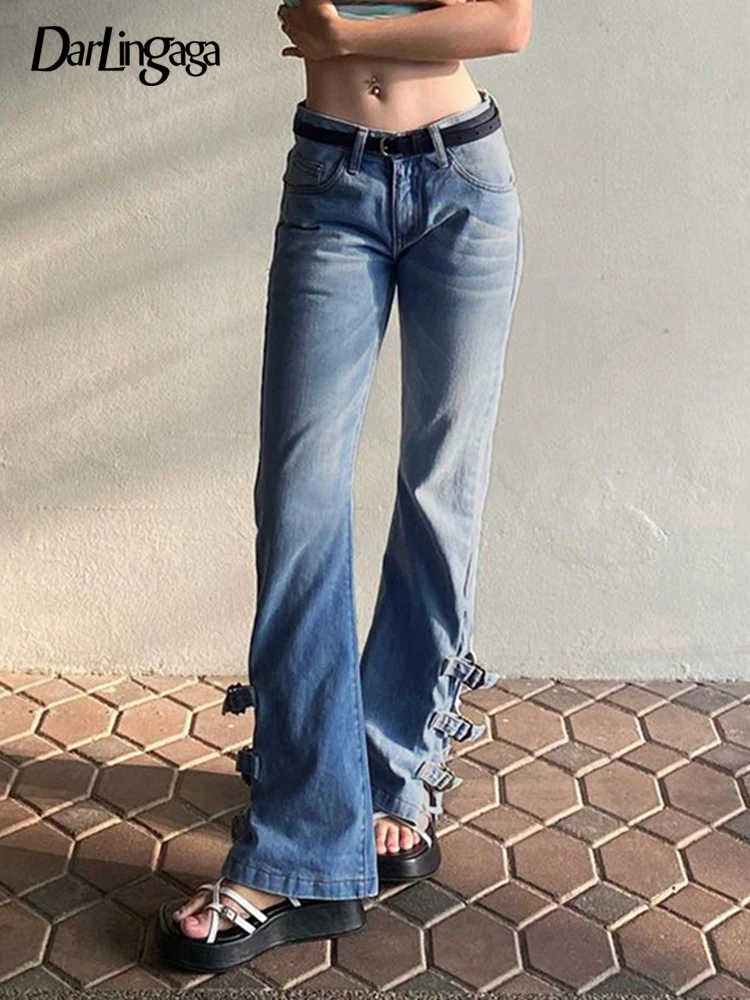 

Darlingaga Streetwear Fashion Distressed Blue Low Rise Jeans Women Denim Pants Cargos Buckle Harajuku Chic Straight Trousers New
