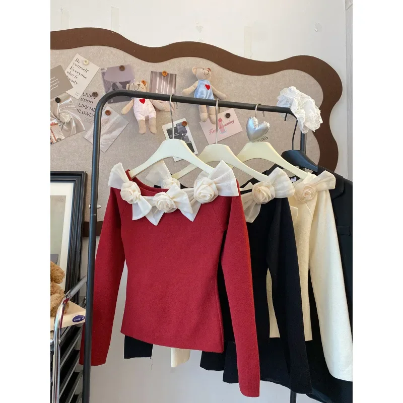 Вязаный топ Sweetslims свитер с открытыми плечами и бантом гладкий силуэт инструмент