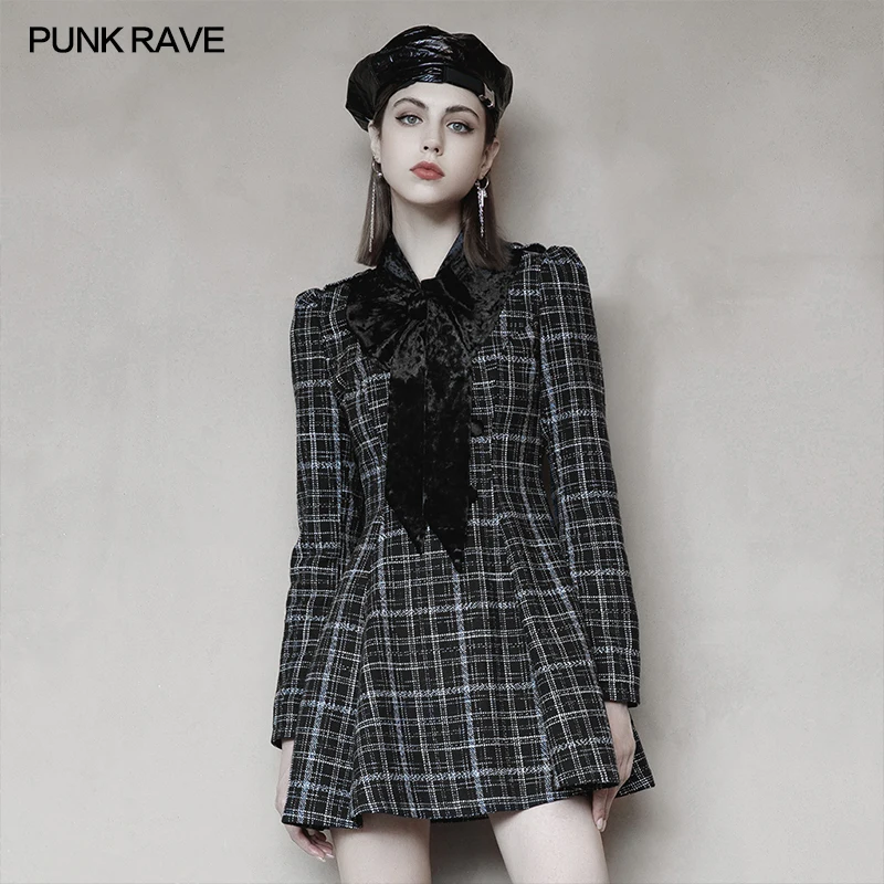 PUNK RAVE Women's Bow Collect Waist Dress Plaid Jacquard V-stand Collar Tie Bow Clothing Spliced Velvet Lattice Gothic Dresses