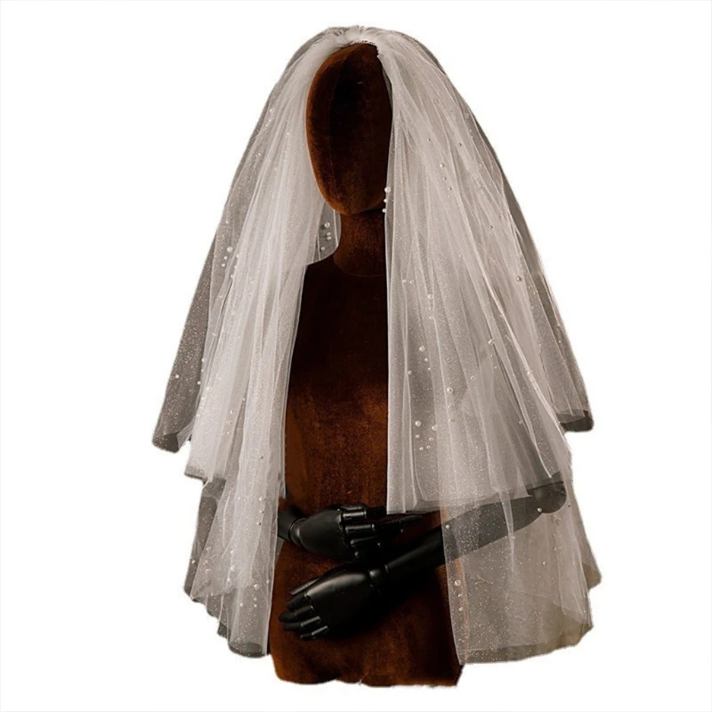

E15E 2 Layers Wedding Bridal Veil with Comb Decorative Pearls Simple Cut Edge Short Elbow Length Tulle Sheer Glitter Veils