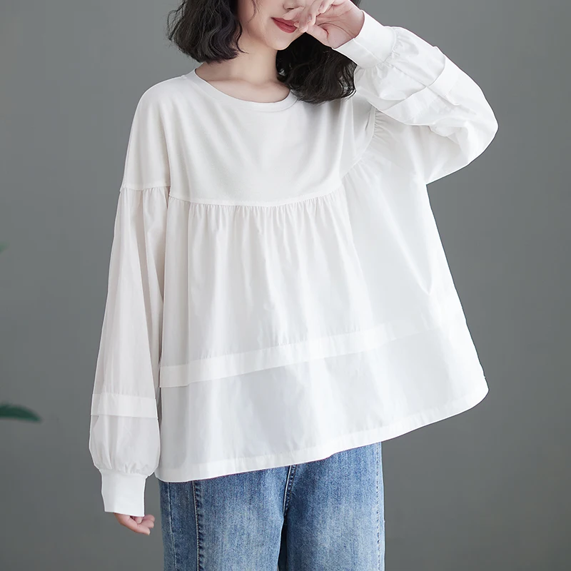 

2022 New Arrival Spring Autumn Arts Style Women Loose Casual Cotton Patchwork Blouse O-neck Long Sleeve Shirts V794