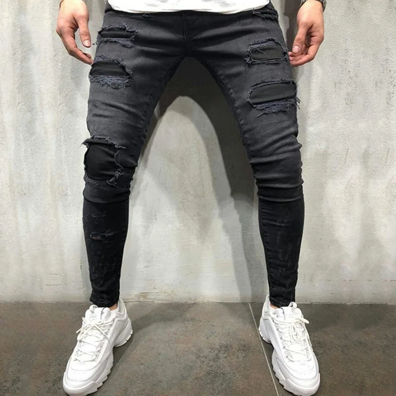 

Men's Patchwork Frayed Jeans Black Classic Fashion Skinny Stretch Cowboys Trousers Male Casual Small Feet Slim Fit Denim Pants