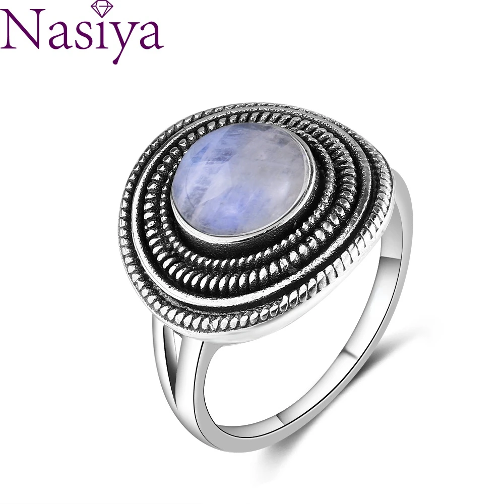 

8MM Round Natural Moonstones Rings Women's S925 Sterling Silver Ring Wholesale Vintage Style Fine Jewelri