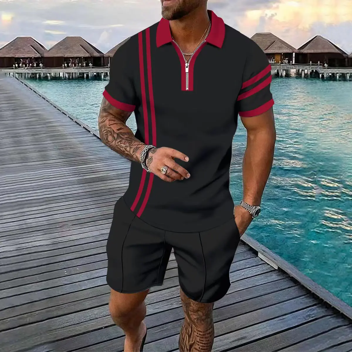 Summer Fashion Men's Clothing POLO Shirt Short Sleeve + Sports Shorts Set Outdoor 2 Piece Suit