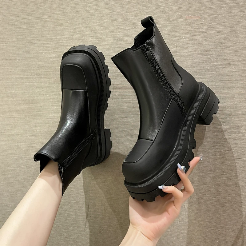 

Женские ботинки с круглым носком, туфли Челси на плоской подошве, резиновые осенние дамские туфли в стиле «лолита» на высоком каблуке, рок, э...