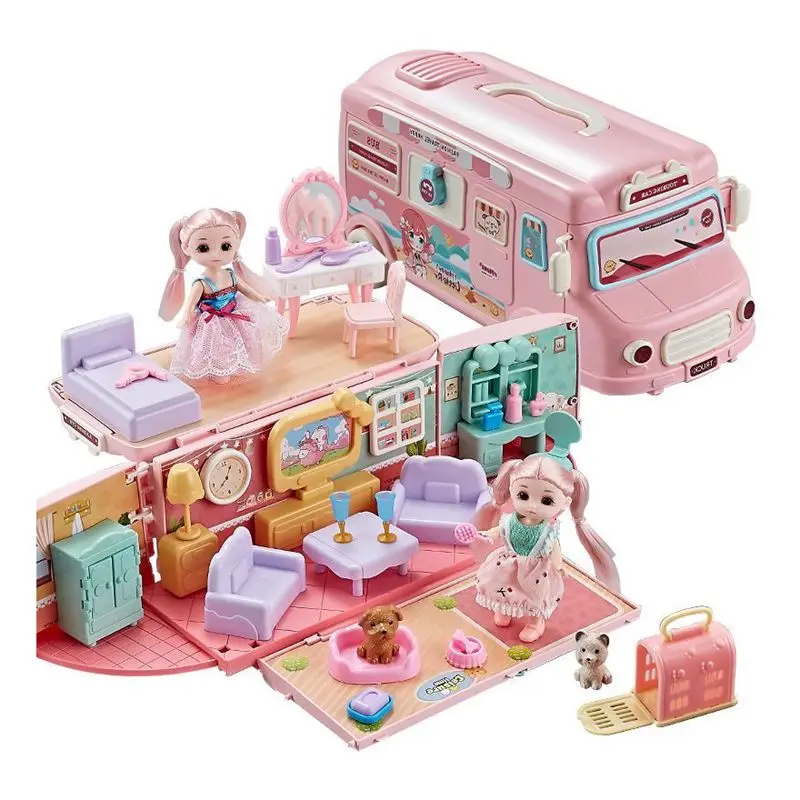 

Mini Bus Kids Toys Kawaii Items Kitchen Kits Set Bedroom Miniature Dollhouse Accessories Furniture For Barbie DIY Pretend Play