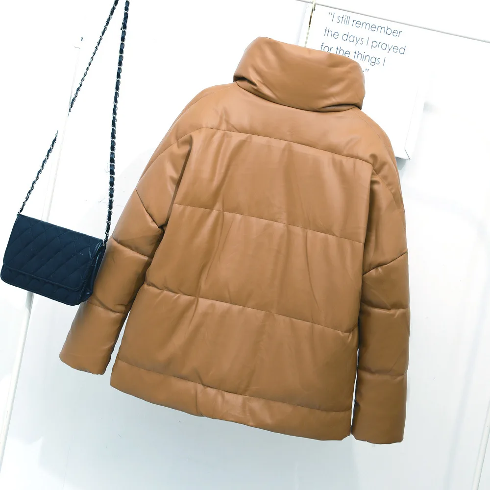 2022 Winter New Women's PU Leather Cotton Shirt Single Breasted Stand Collar Short Leather Jacket Slim Fit Jacket