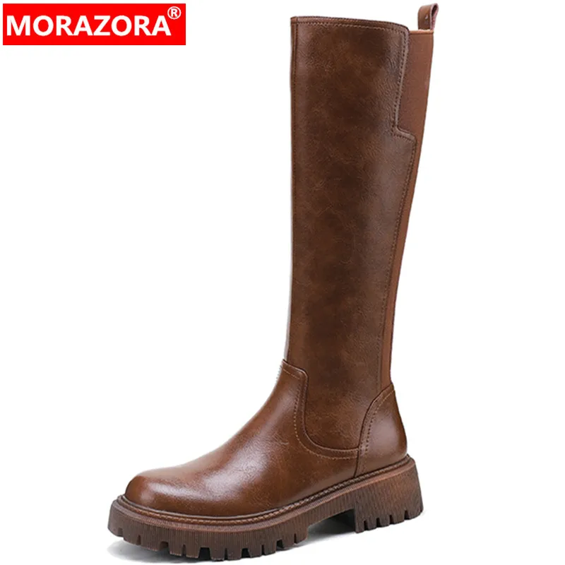 

MORAZORA 2022 New Arrive Zipper Winter Knee High Boots Genuine Leather Platform Women Boots Square Med Heels Shoes