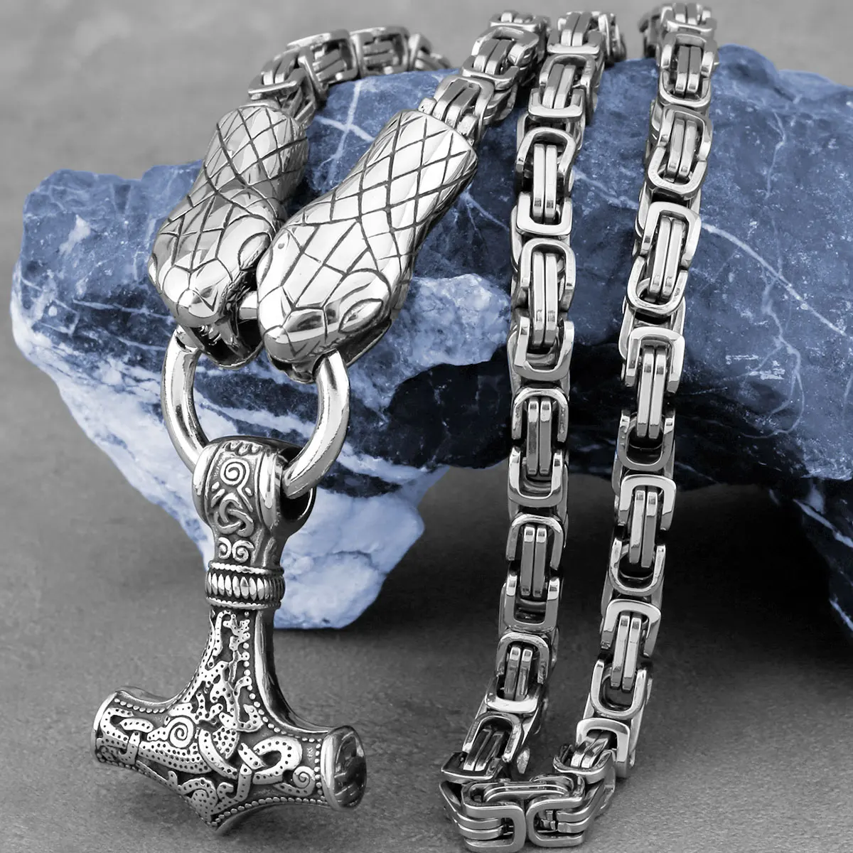 

Stainless Steel Men's Viking Thor's Hammer Pendant Snake Head Square Necklace Fashion Hip Hop Biker Nordic Jewelry Wholesale