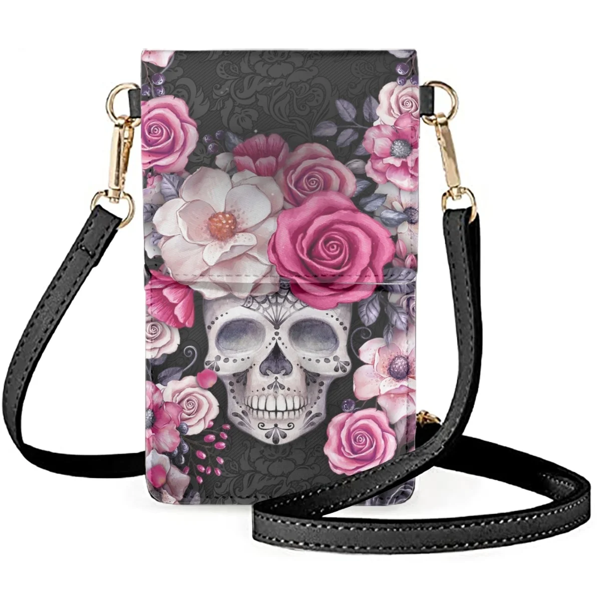 

FORUDESIGNS Female Shoulder Cellphone Bag Mexican Floral Skull Design Mobile Phones Bags Ladies Leather Makeup Bag Travel
