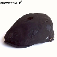 showersmile summer cotton hat men flat cap embroidery skull adjustable male beret hats black fashion high quality ivy caps