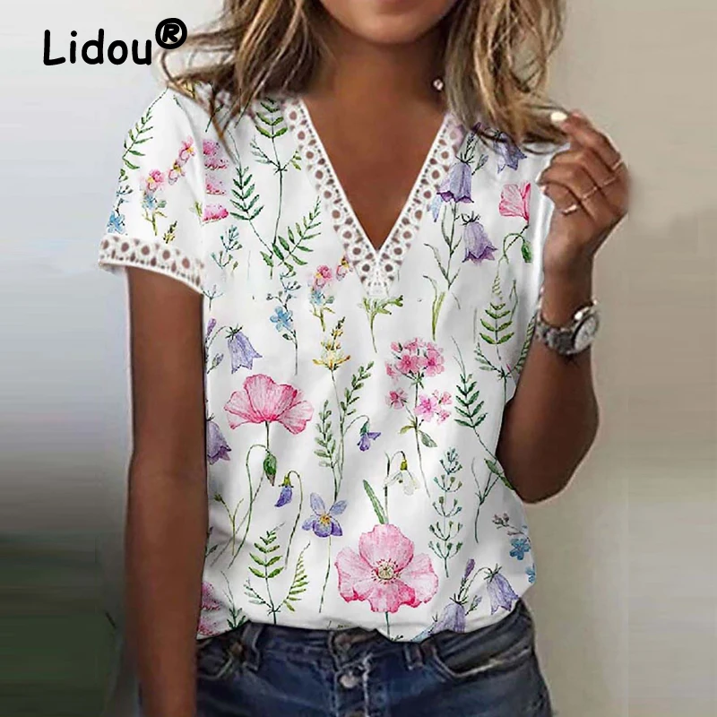 

Womens Clothing Hollow Lace Patchwork Floral Print Elegant T Shirt 2023 Summer Fashion V Neck Short Sleeve Loose Streetwear Tops