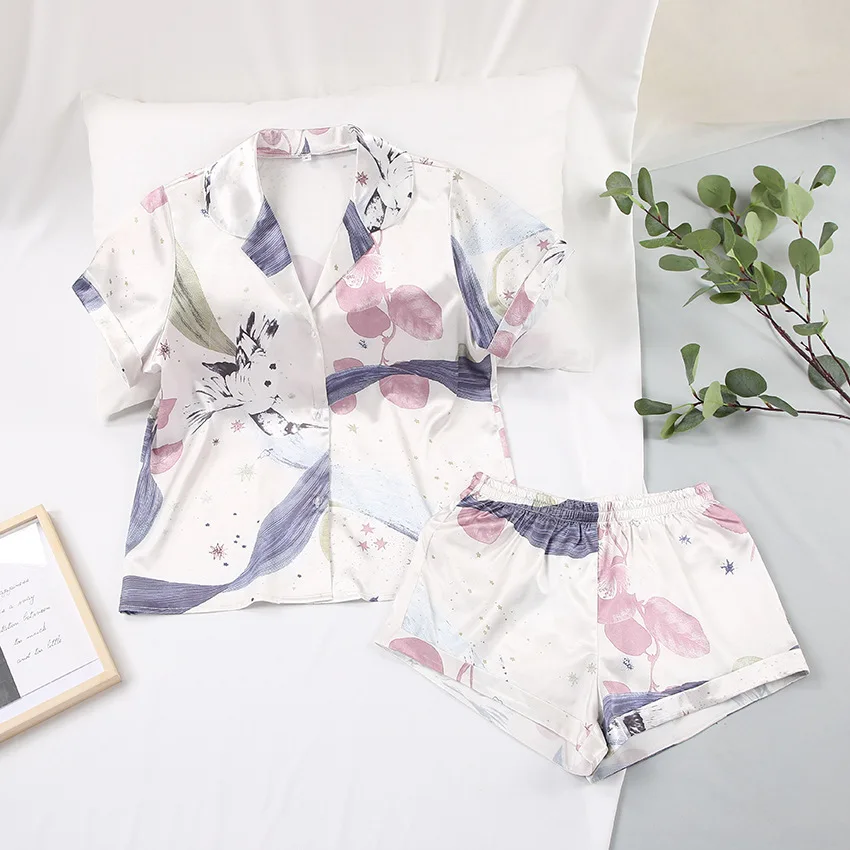 2pcs/Set Women Stain Pajamas Silk-like Glossy Sleepwear Short Sleeve & Shorts Multiple Color Options Nightwear Female Loungewear