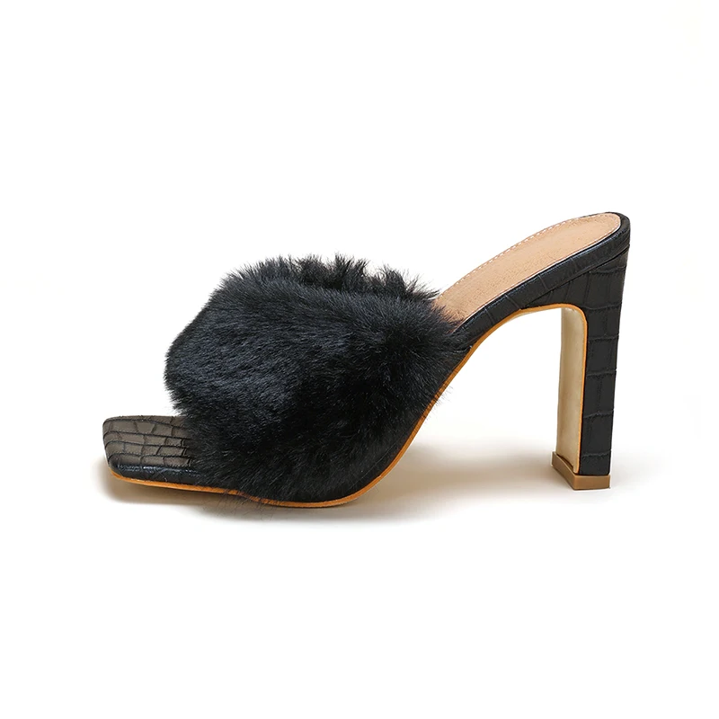 2022 New Fashion Rabbit Fur Women's Slippers Solid Color Thick Heel Square Toe Woman Shoes Size 35-42 Slip On Slides Plush Shoes