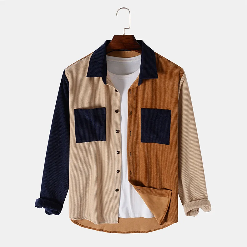 

2022 Men 'S Autumn New Patchwork Casual Striped Shirt Color Matching Long Sleeve Shirt For Teenagers