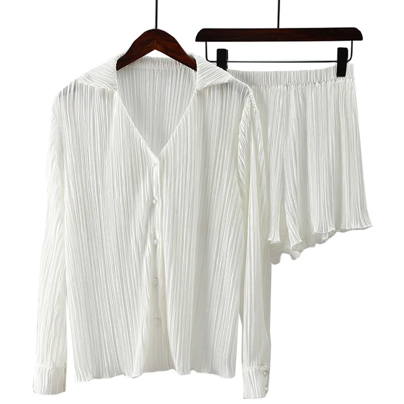 

Pleated Two Piece Set Women Shorts Long Sleeve Shirts Summer Outfits Casual V Neck Office Suit Ladies Elegant Sexy Fashion White