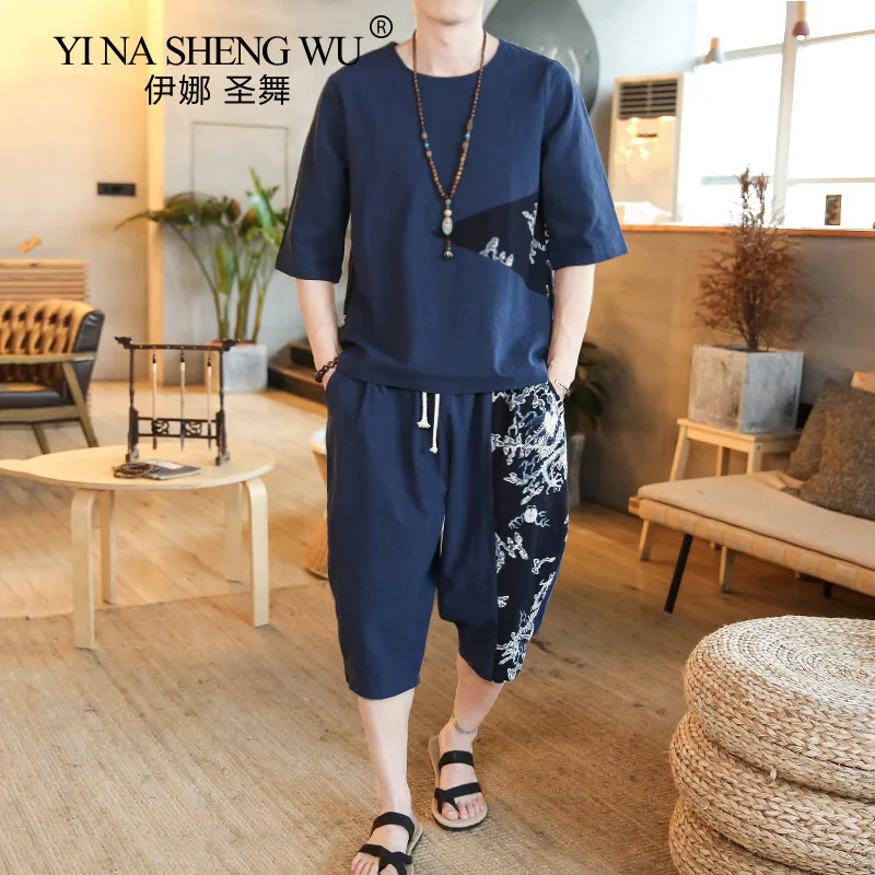 

Костюм мужской свободного кроя, повседневные брюки с рукавом, модный костюм в китайском стиле, спрей-строчка, пряжка с короткими рукавами