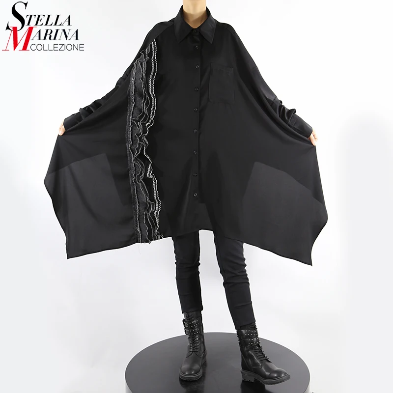 

Новинка 2021, женское повседневное стильное платье с рукавами «летучая мышь» и оборками размера плюс, однотонное Черное Шифоновое Платье-руб...